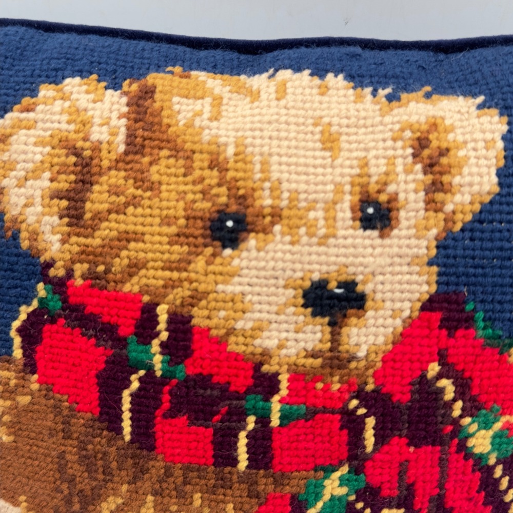 Vintage Needlepoint Teddy Bear Throw Pillow Navy Blue Velvet Plaid Scarf 11x11 - Picture 2 of 7